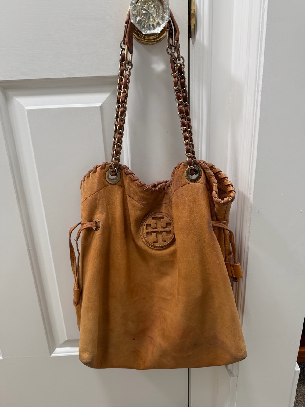 Tory Burch Marion Slouchy Tote Camel Leather Chain Shoulder Bag